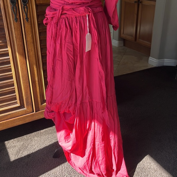 Enza Costa top with puff sleeve top and full length skirt in Fushia Red - Picture 2 of 6